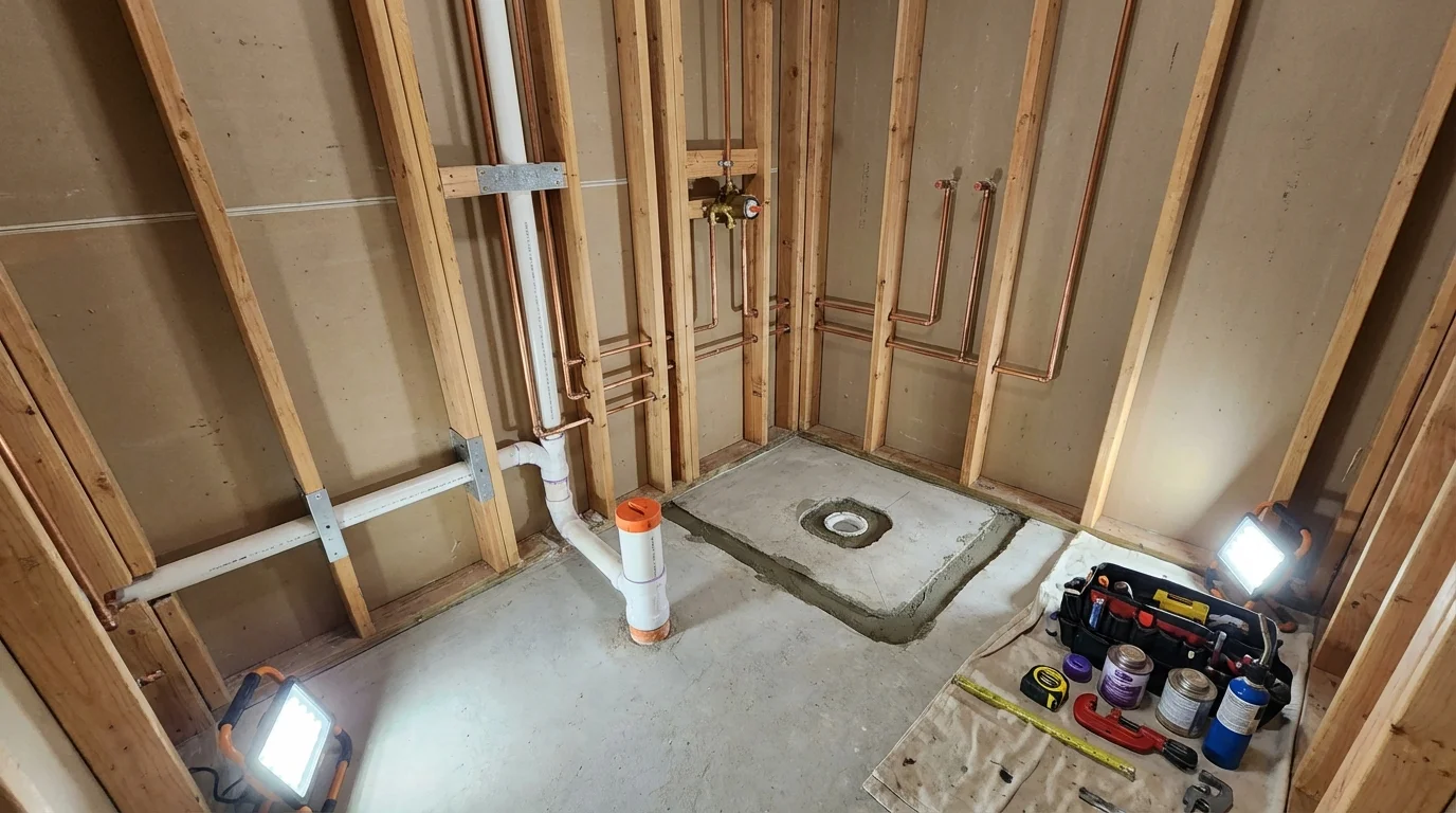 Bathroom rough-in plumbing during remodel by Johns Plumbing LLC in Wauregan