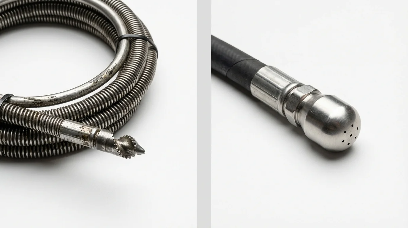 Drain snake cable and hydro jetting nozzle used for drain cleaning in Wauregan, CT