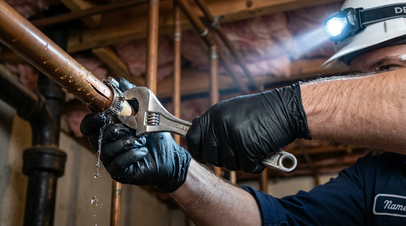 Emergency pipe clamp repair being performed by a Johns Plumbing LLC plumber in Wauregan