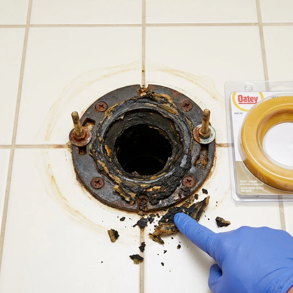 Failed wax ring showing water seepage at the base of a toilet in a Wauregan, CT home