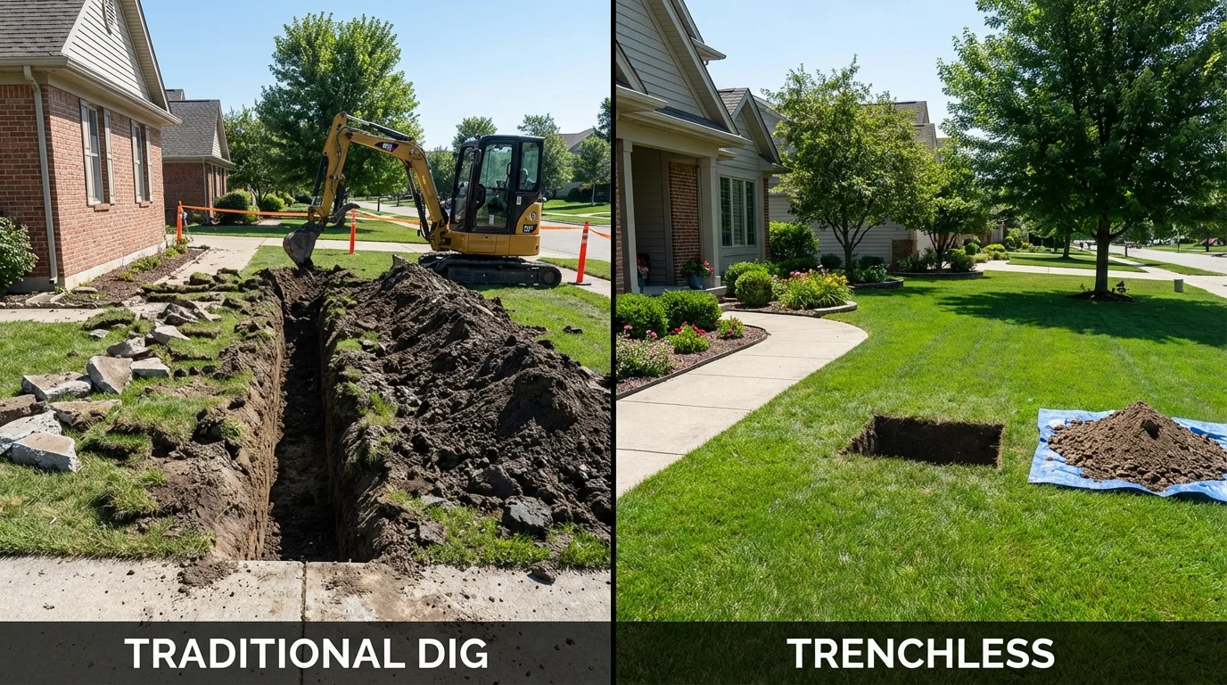 Trenchless sewer repair with minimal yard damage versus traditional excavation in Wauregan, CT