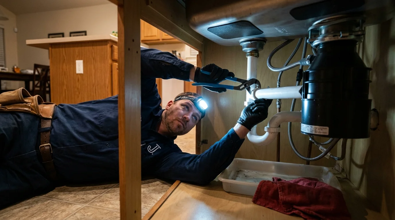 P-trap and supply line connections under a kitchen sink showing a common leak point in Wauregan, CT